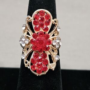 Red Floral Motif Rhinestone Adjustable Ring